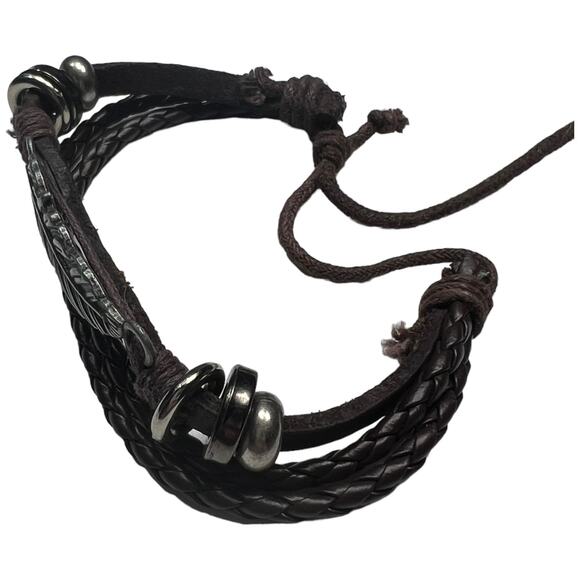 Brown Leather Braided Bracelet with Beads and Leaf Detail - Picture 6 of 7